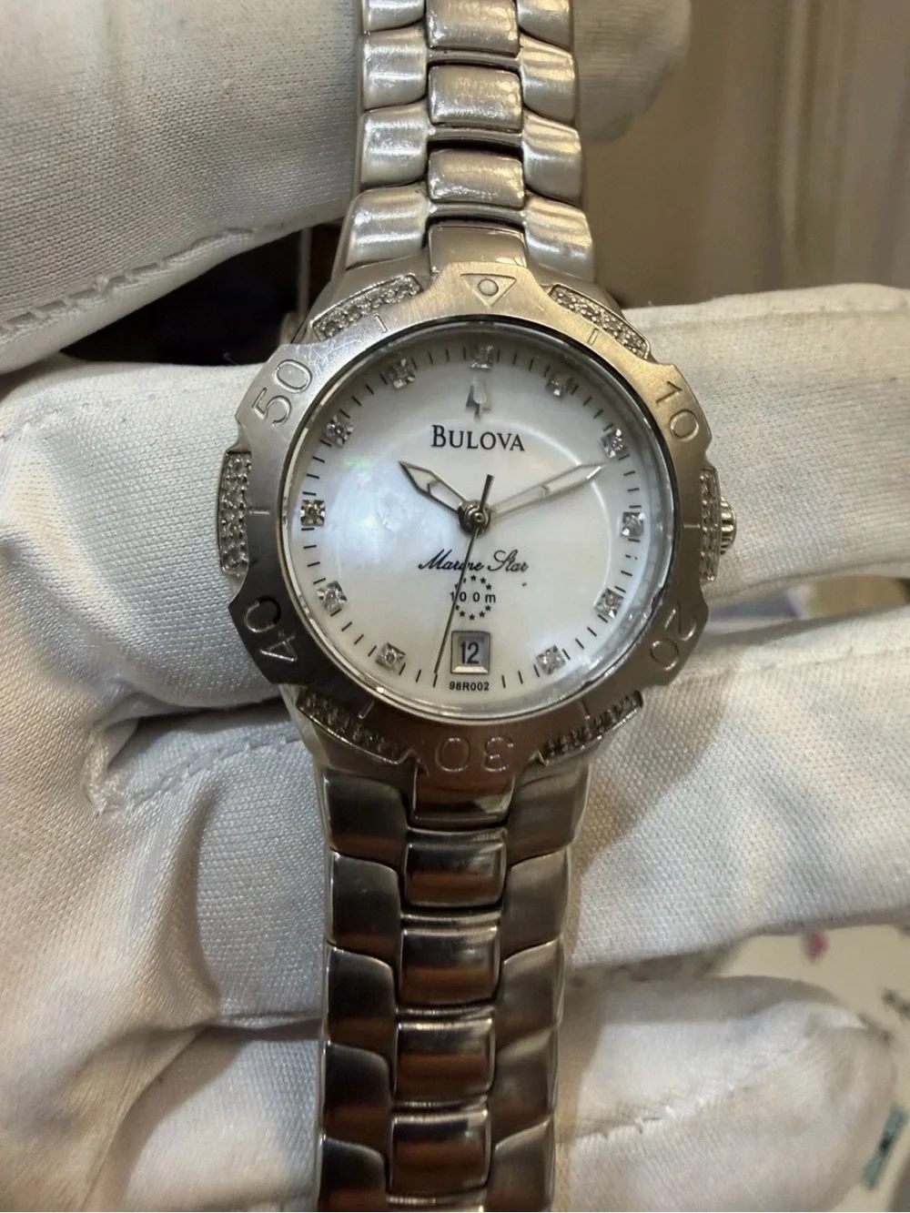 Bulova Marine Star 96R002 Womens Diamond Watch Mother of Pearl Stainless Steel